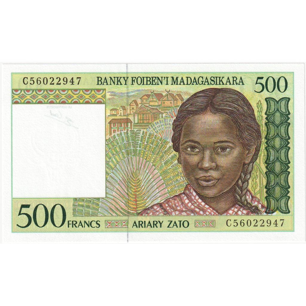 Madagascar,
 
 500 francos = 100 araras,
 
 UNC(65-70)