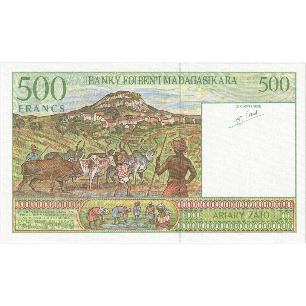 Madagascar,
 
 500 francos = 100 araras,
 
 UNC(65-70)