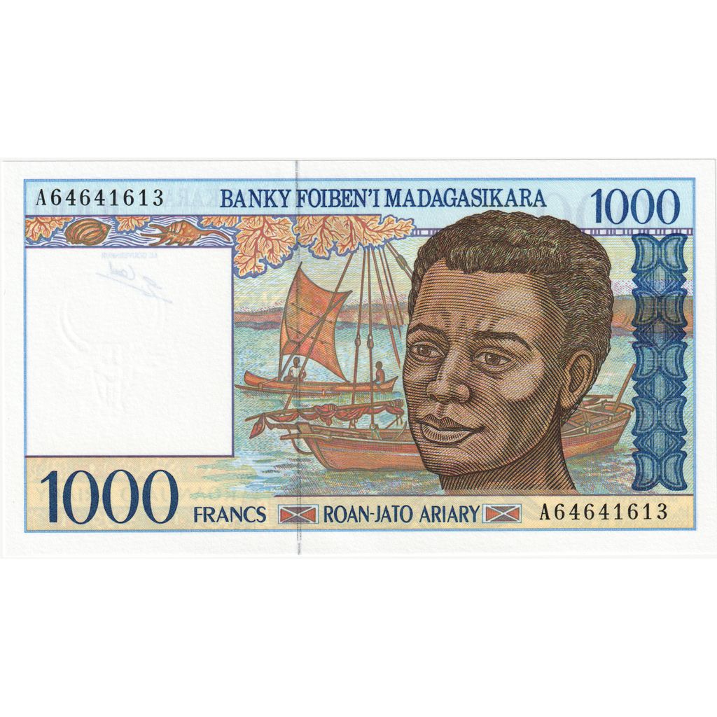 Madagascar,
 
 1000 francos = 200 araras,
 
 UNC(65-70)