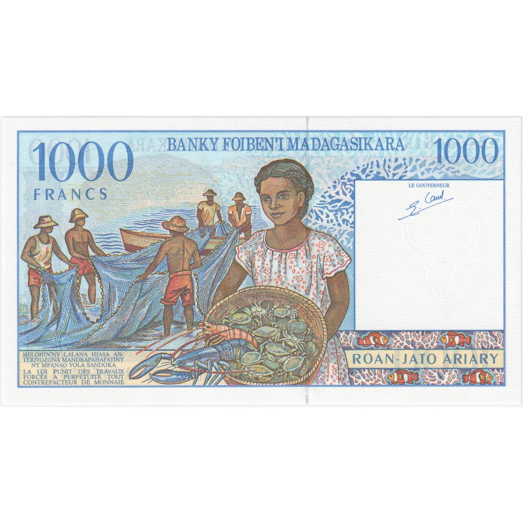 Madagascar,
 
 1000 francos = 200 araras,
 
 UNC(65-70)