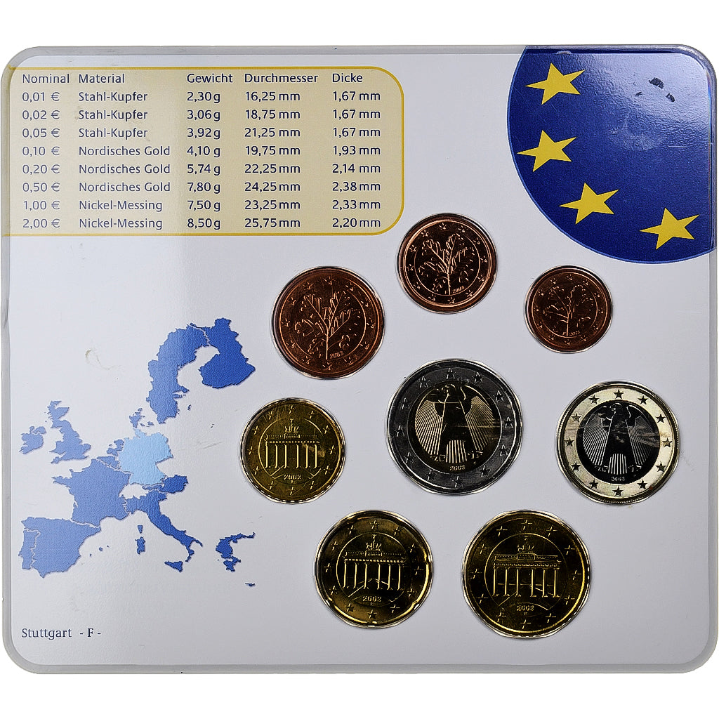 Alemania,
 
 Setze 1 ud. - 2 euros,
 
 Münzkaarte.FDC