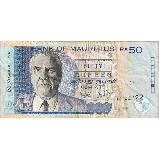 Mauricio, 

50 rupias, 

VF (30-35)