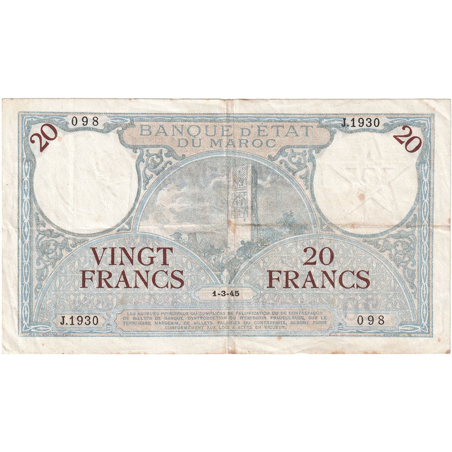 Marruecos,

20 francos,

1928-1929
