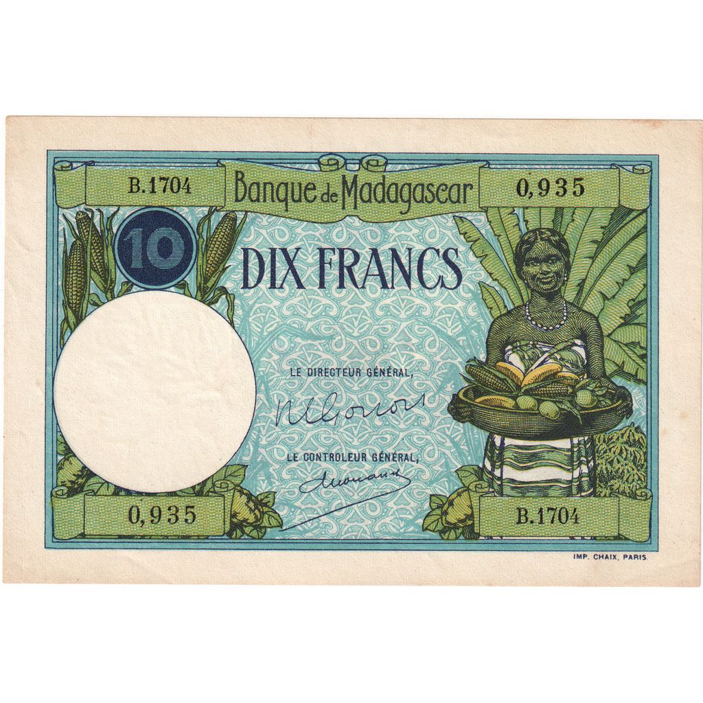 Madagascar,

10 francos,

Sin fecha (1937-1947)